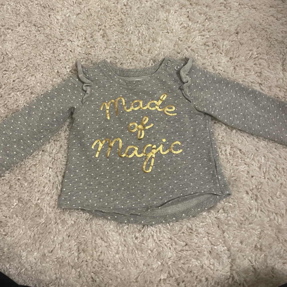 Baby Gap Sweater Sweatshirt gray polka dot with gold "Made of Magic" writing